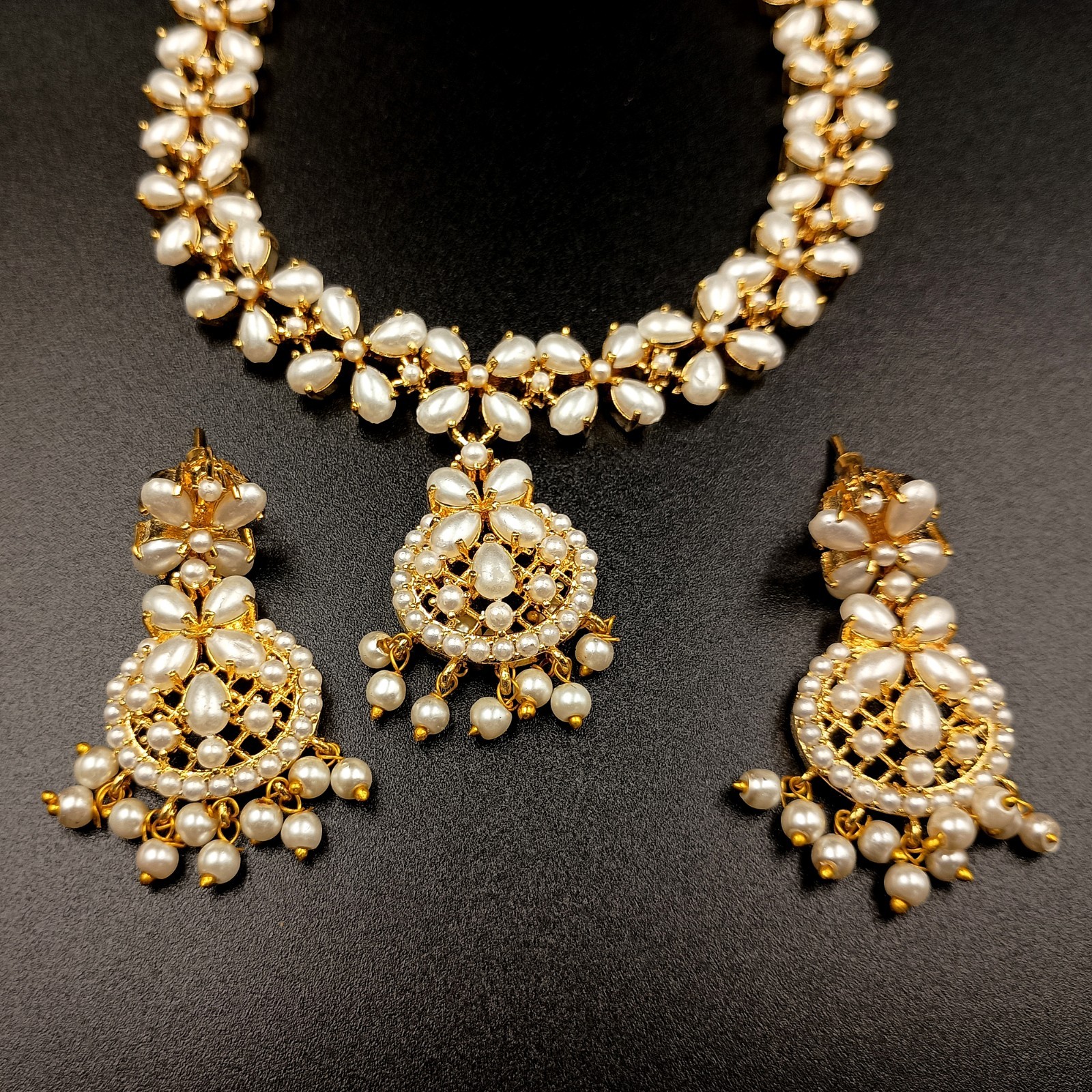 Vintage White Pearl Necklace Set 22K Gold Plated Chain Earrings Bridal Gift