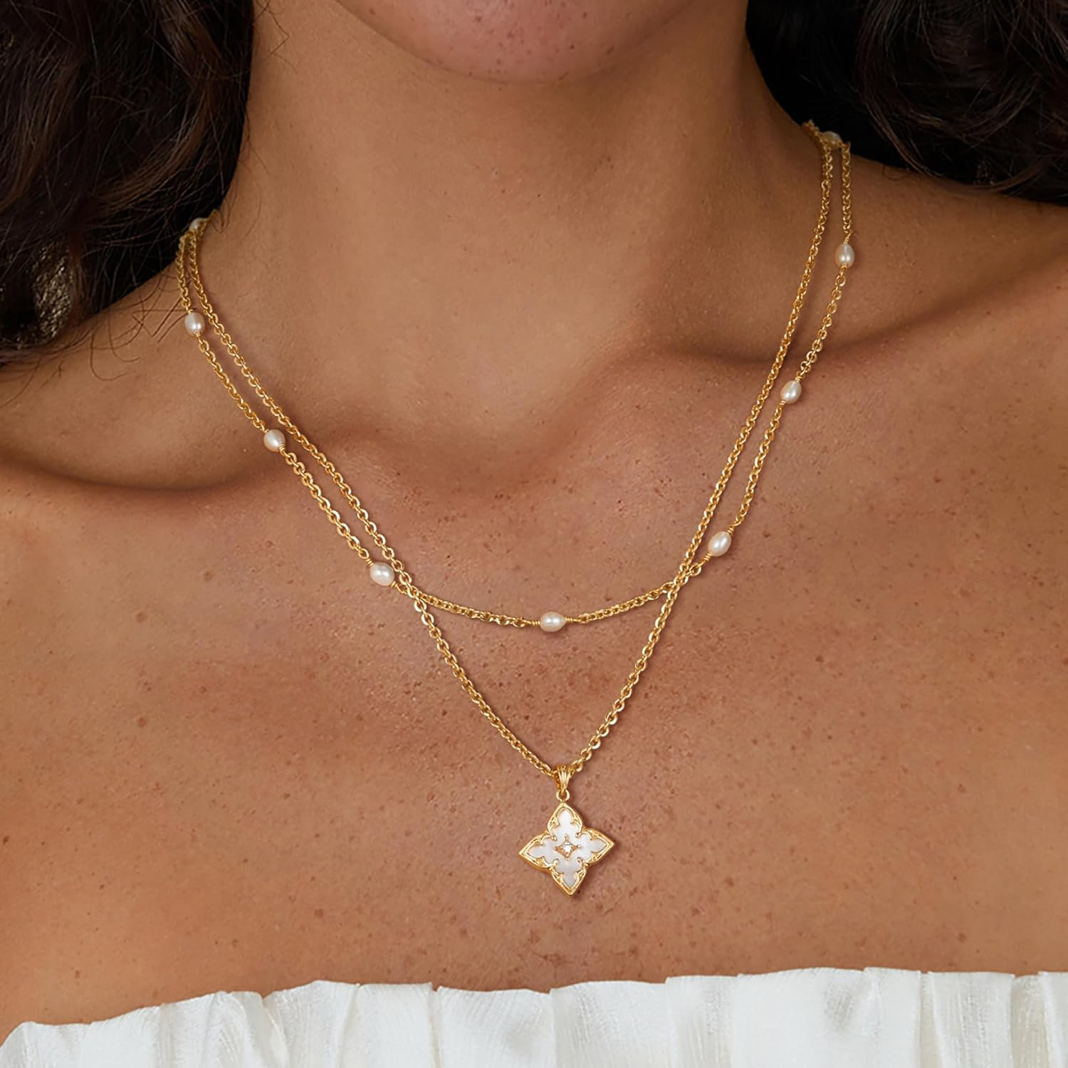 Gold Clover Necklace for Women Dainty 14K Gold Plated CZ Pendant Necklace Adjust