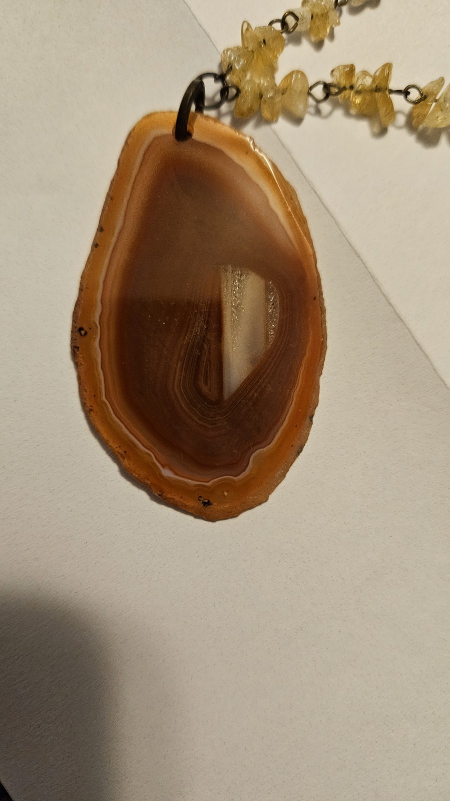 Robert Rose Brown Agate Slice Pendant Beaded Necklace 18in Cable Lobster Signed