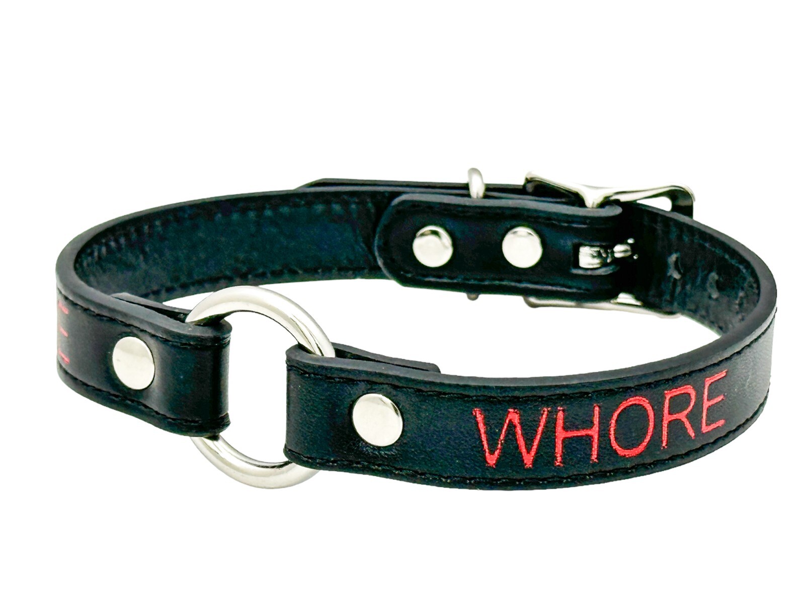 Name SILVER Ring RED Choker BDSM Collar Vegan Leather Necklace O Ring Fetish