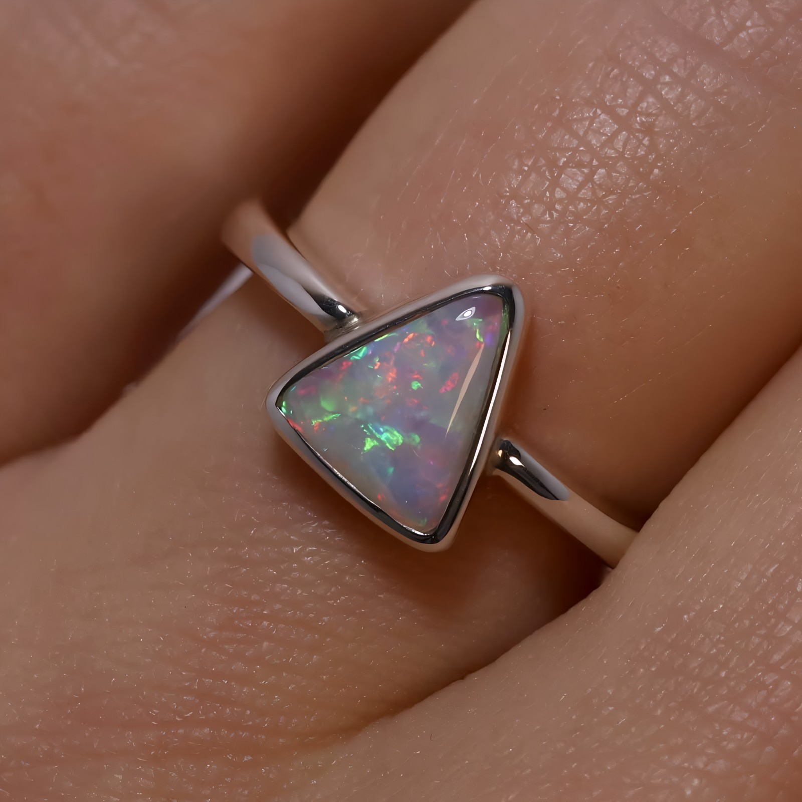 Natural Opal Cabochon Triangle Ring Handmade 925 Sterling Silver Gift