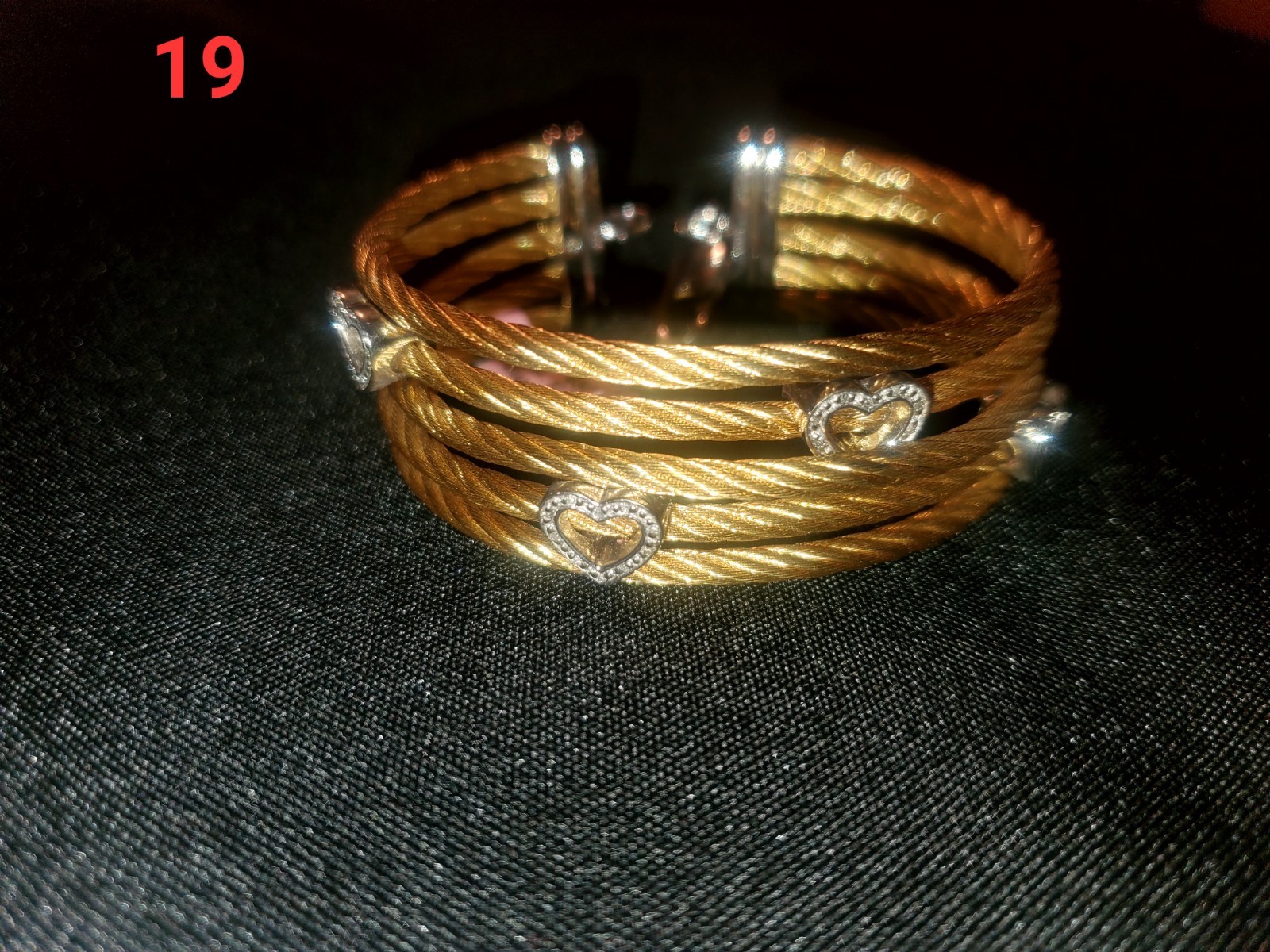 Gold Tone Cable Bangle Bracelet Heart Accents Lobster Claw Closure