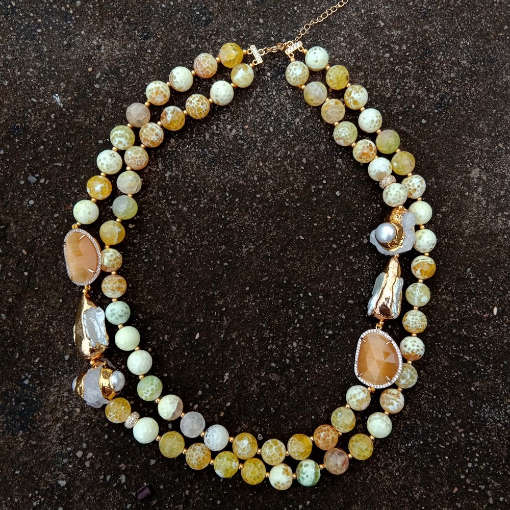 2 Rows Yellow Faceted yellow Agate Druzy White Biwa Pearl Crystal Necklace