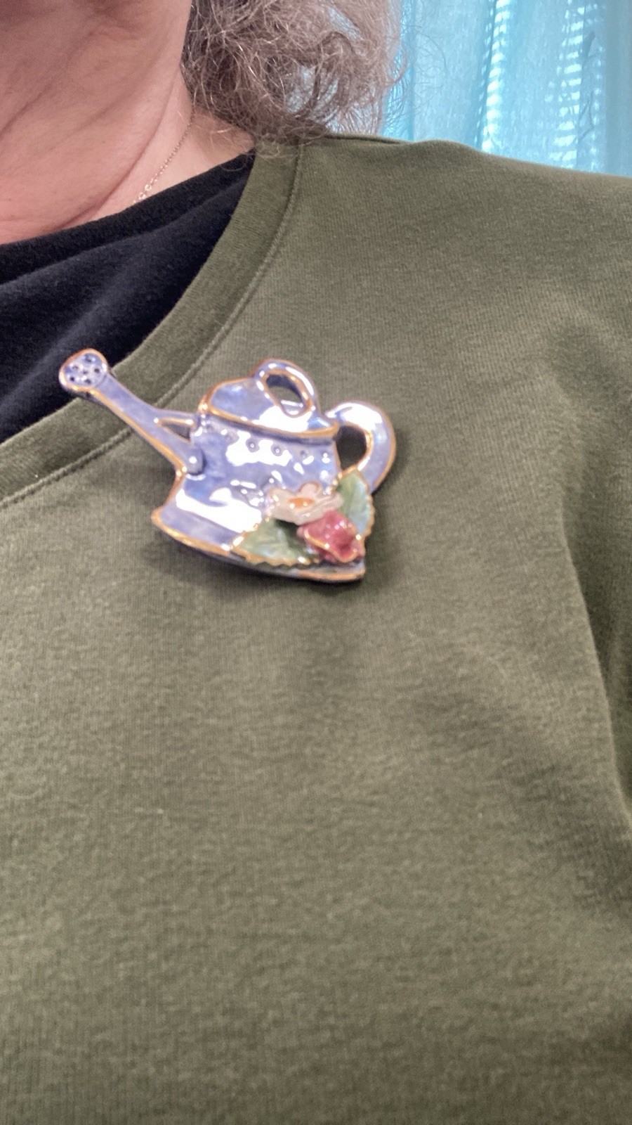 Watering Can Brooch or Pin Blue With Colorful Enamel Flowers