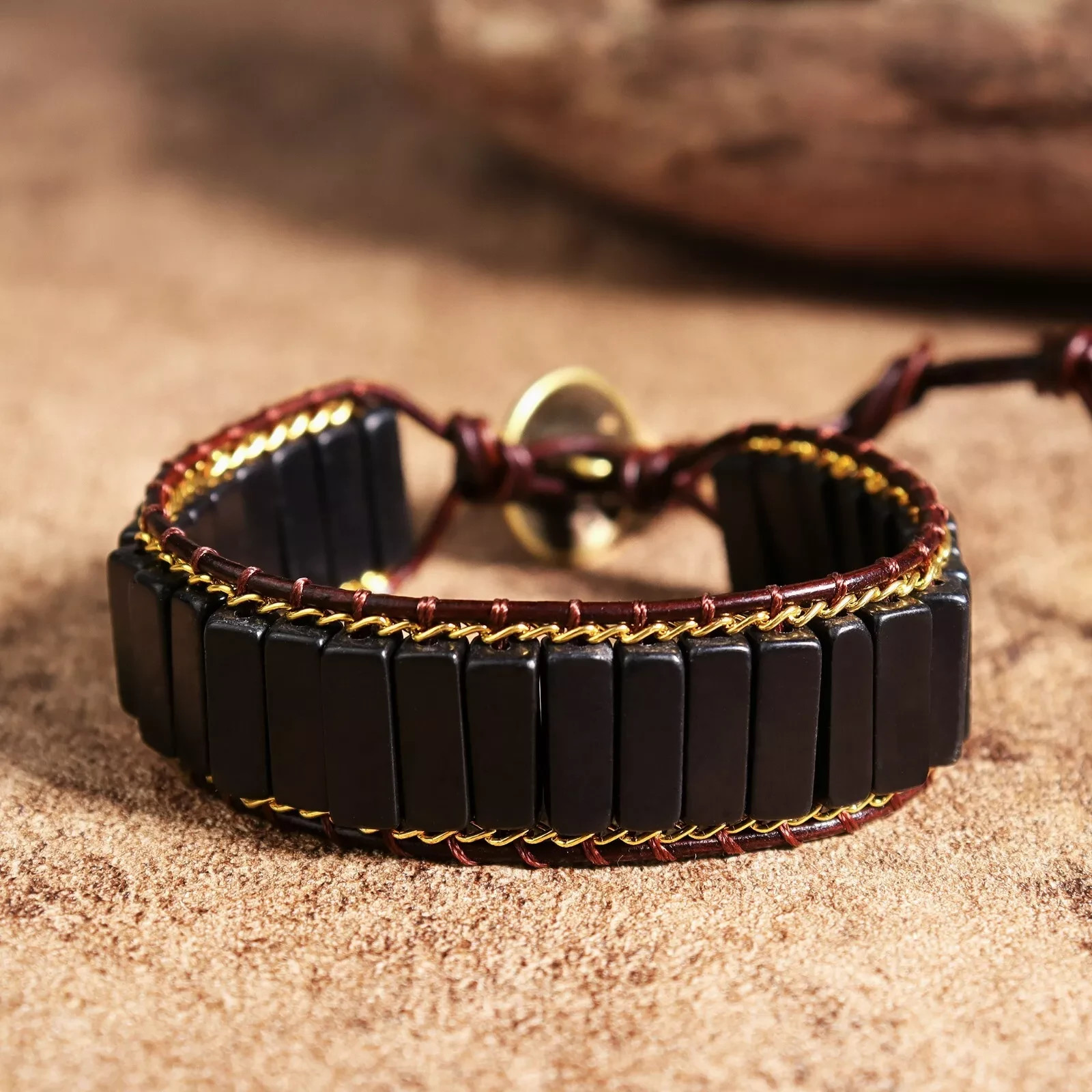 Natural Black Tourmaline Bracelet Tube Beads Healing Crystal Leather Bracelet