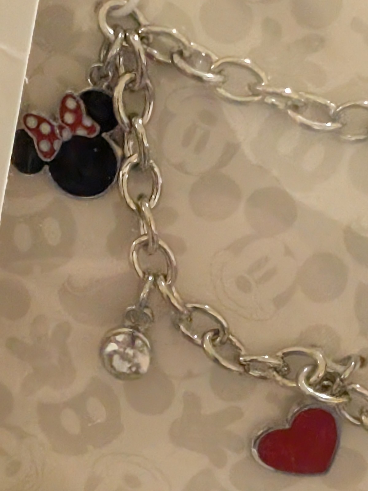 Disney Mickey Mouse & Minnie Charm Bracelet Silver Tone Heart Rhinestone NIP