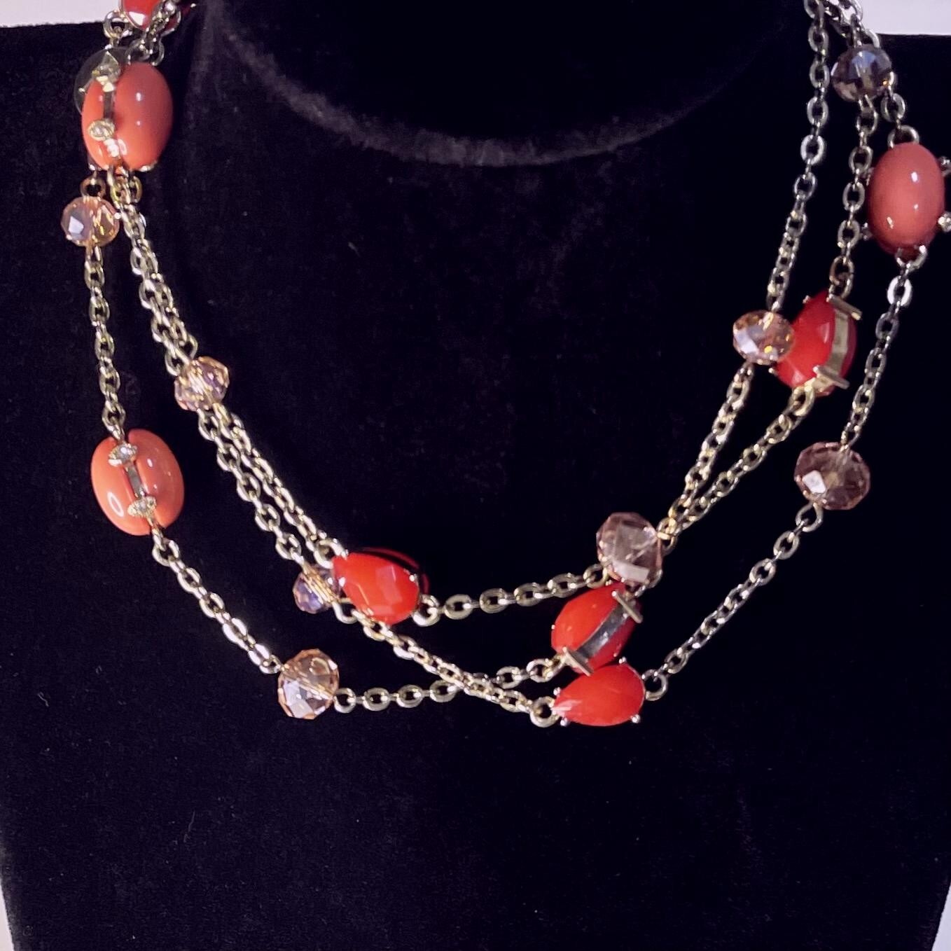 White House Black Market 40″ Gold Tone Station Necklace Chain Glass Beads