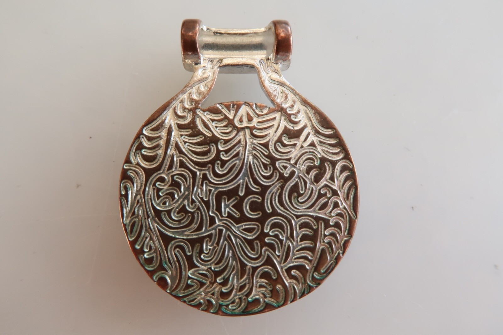 Clear White Iridescent Silver Tone Pendant Marked KC