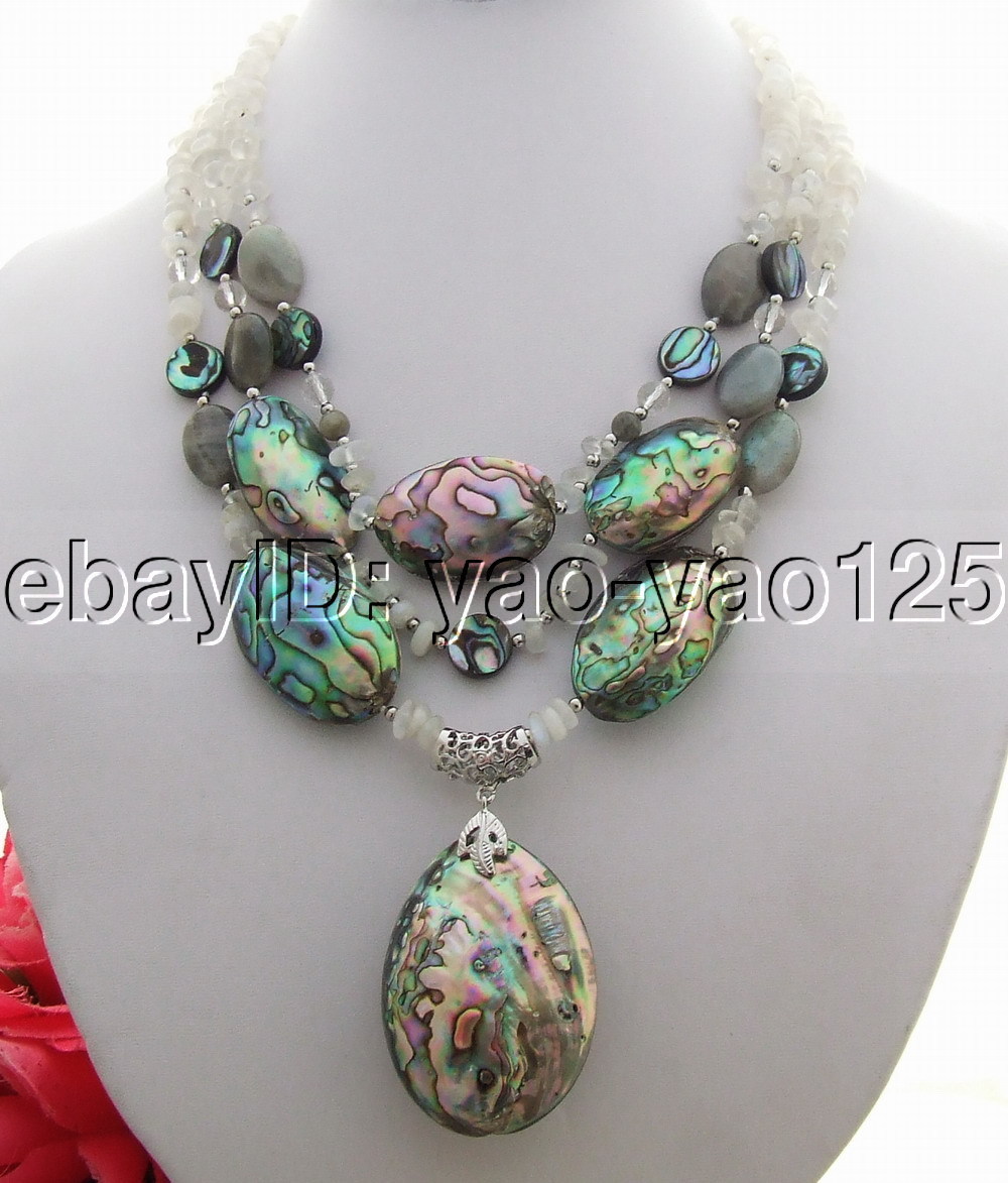 3rows white Moonstone Abalone Shell labradorite Necklace 18″
