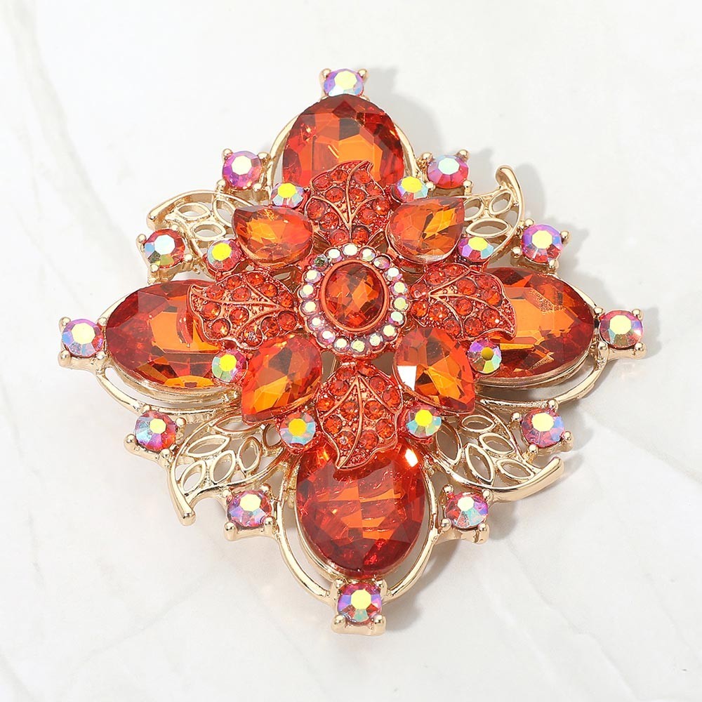 2PCS Red Crystal Floral Leaf Brooch Pins Gold Tone Rhinestone Statement Corsage