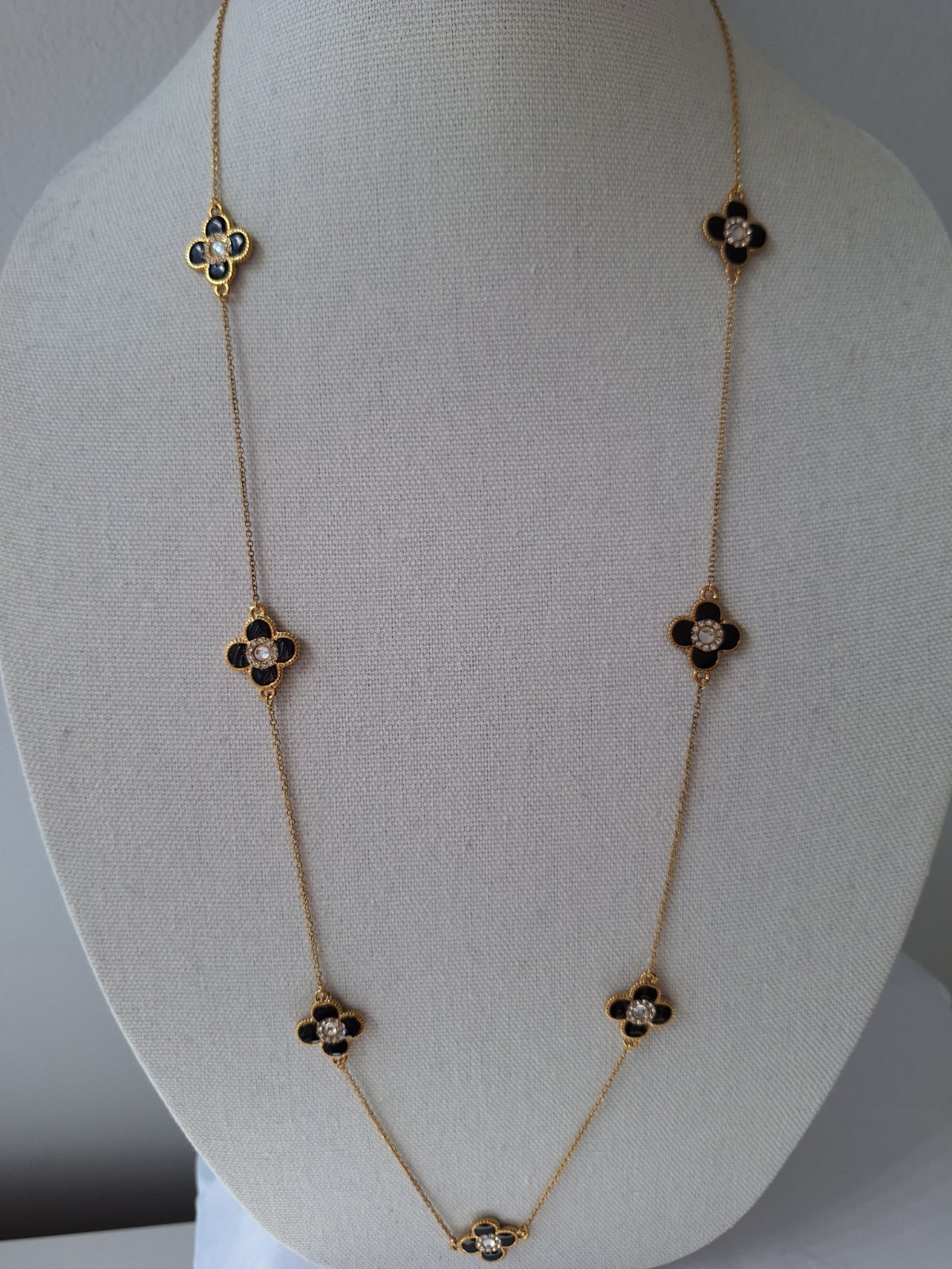 Gold Black Flower/clover Necklace, 36″ Long