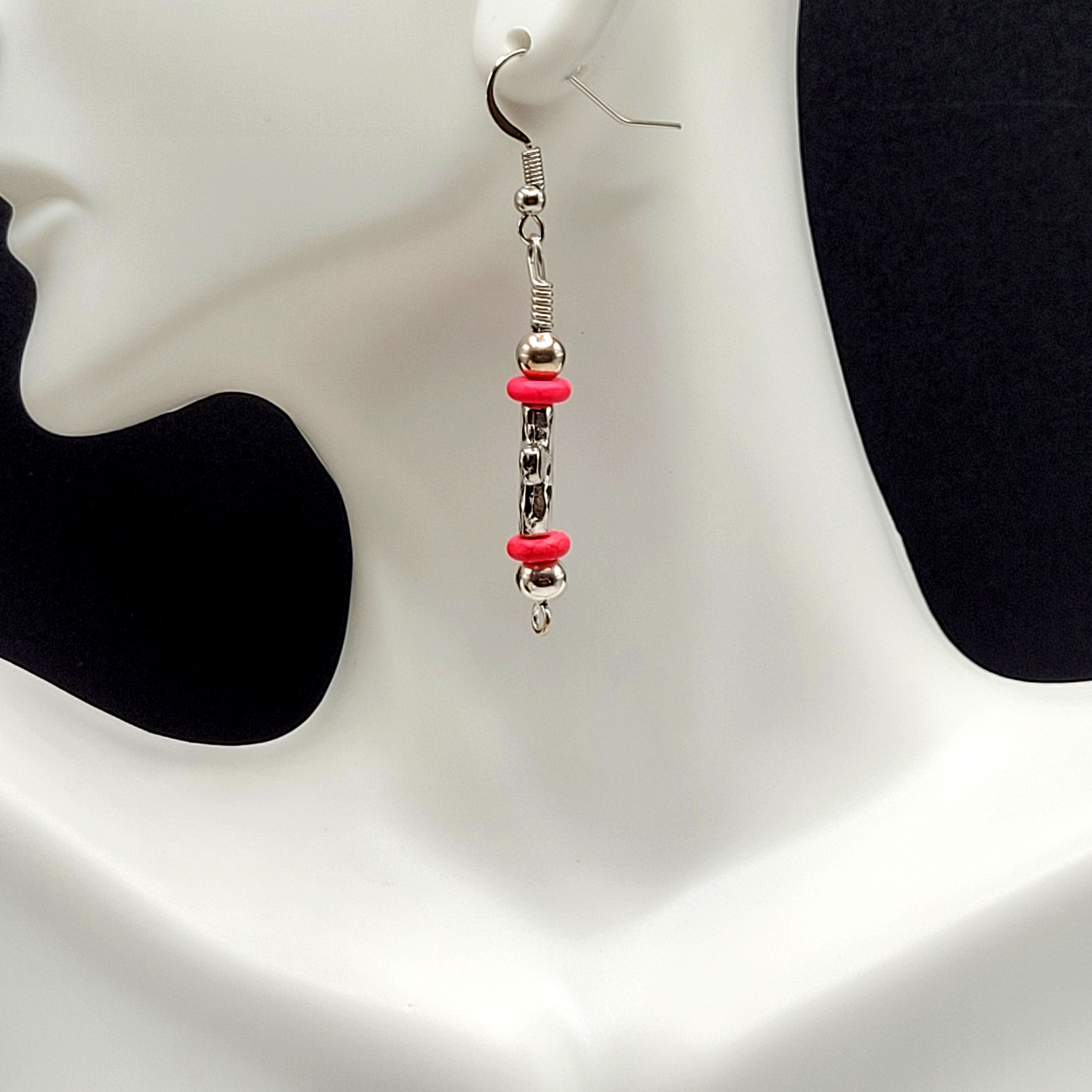Southwestern Silver Tone Cross w Pink Ceramic Bead Metal Hook Pierced Earrings