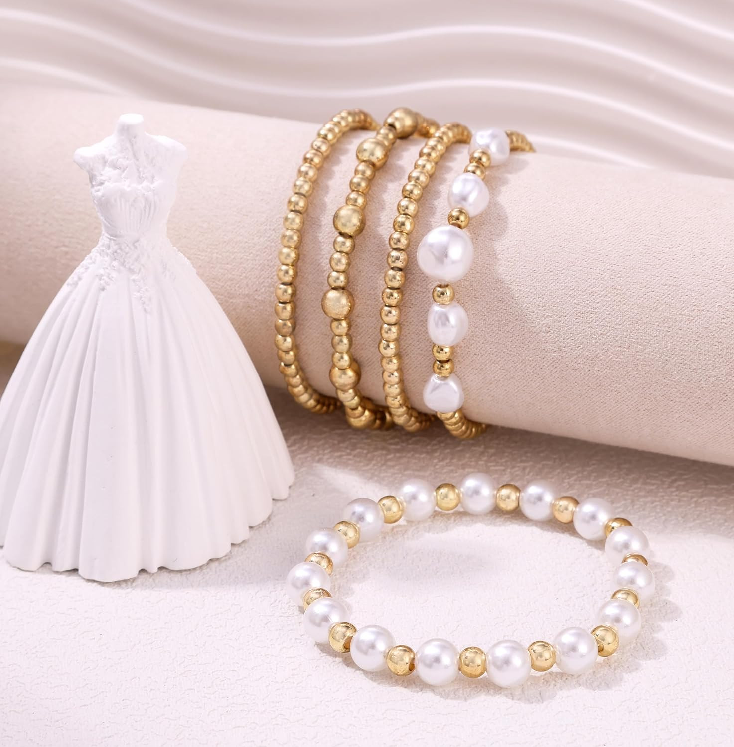5 Pcs Gold Silver Beaded Bracelet Set Pearl Stretch Stackable Women