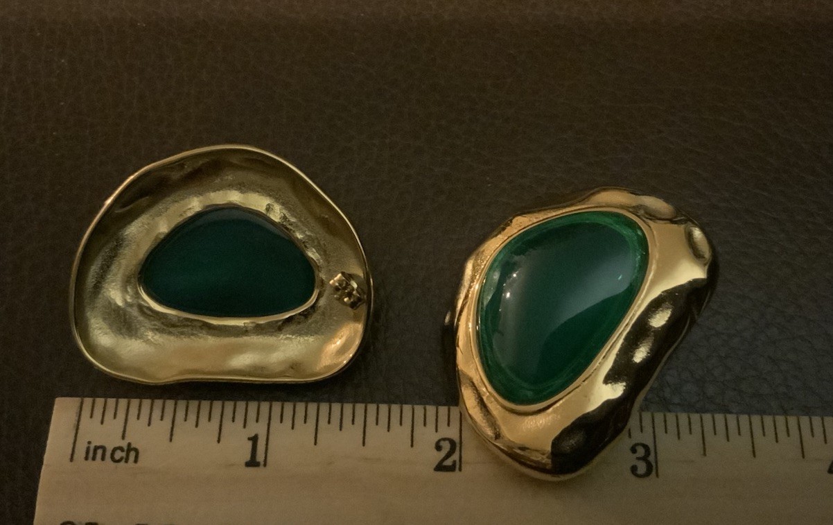 Molten Earrings Museum Modern Art Green Stud Statement Cabochon Hammered VTG