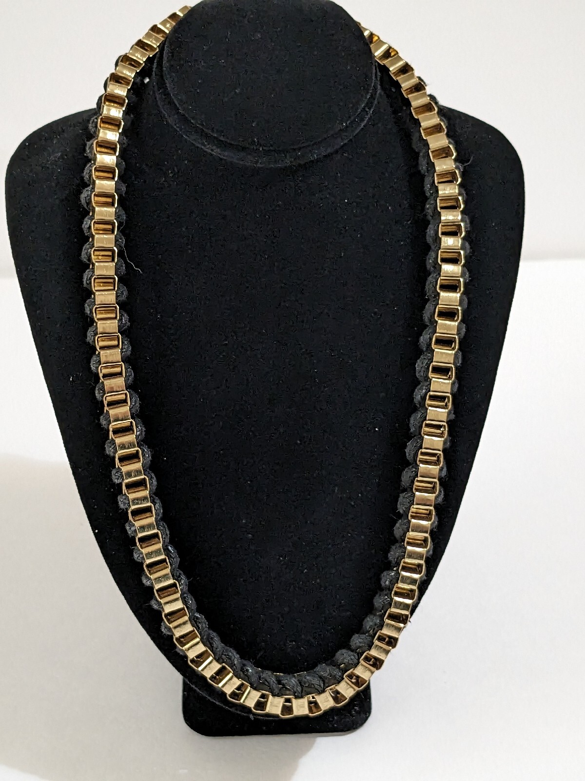 Gold Tone And Black Cord Braided Box Chain Necklace. Vintage. 16 Inch.