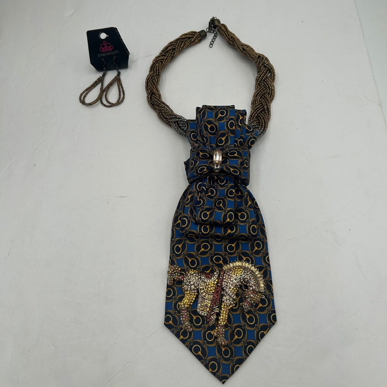 Club Room Silk Tie Horse Necklace Western Equestrian Blue Gold Crystal Brooch