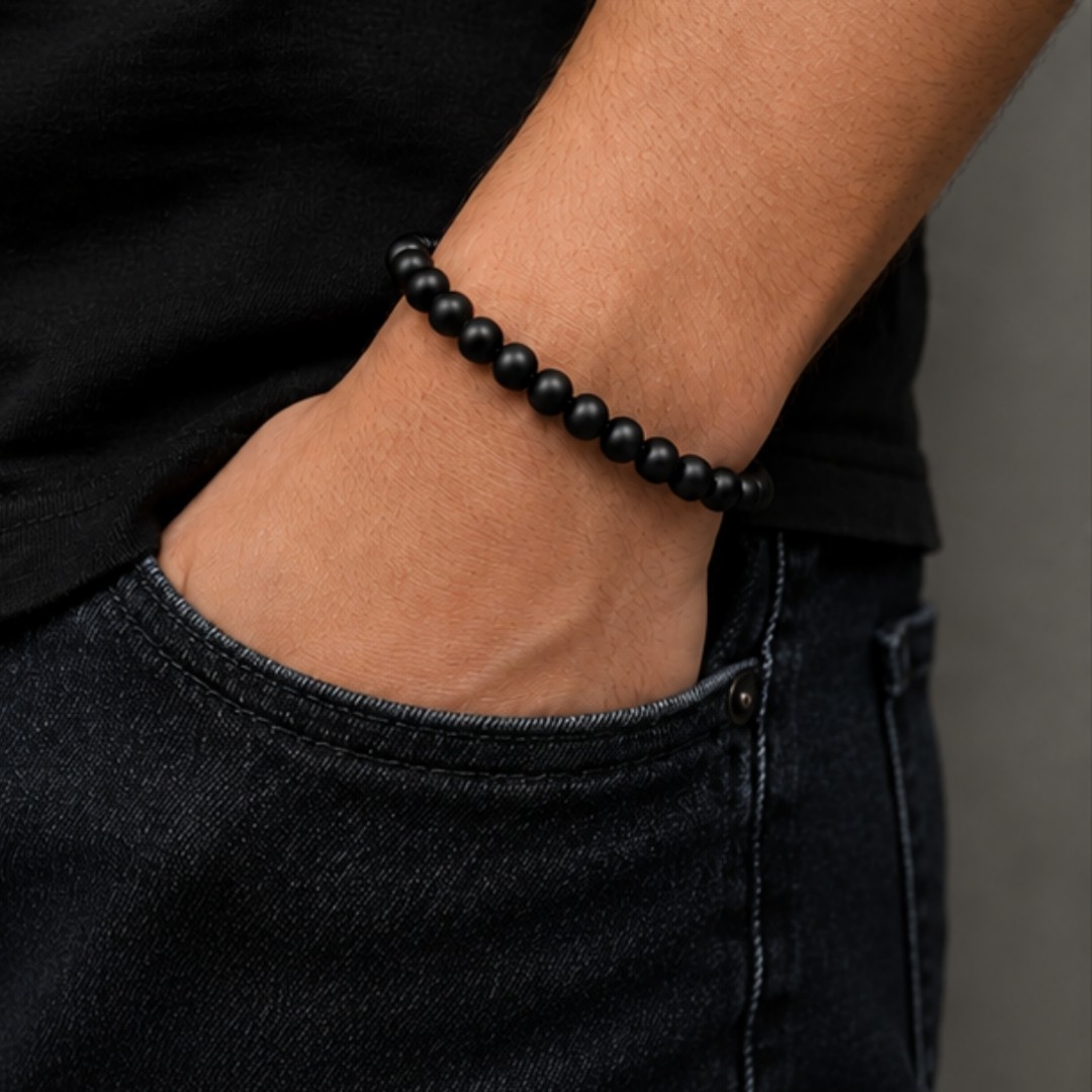 Black Matte Beaded Bracelet Adjustable Rope Chain Unisex Men Women Gif