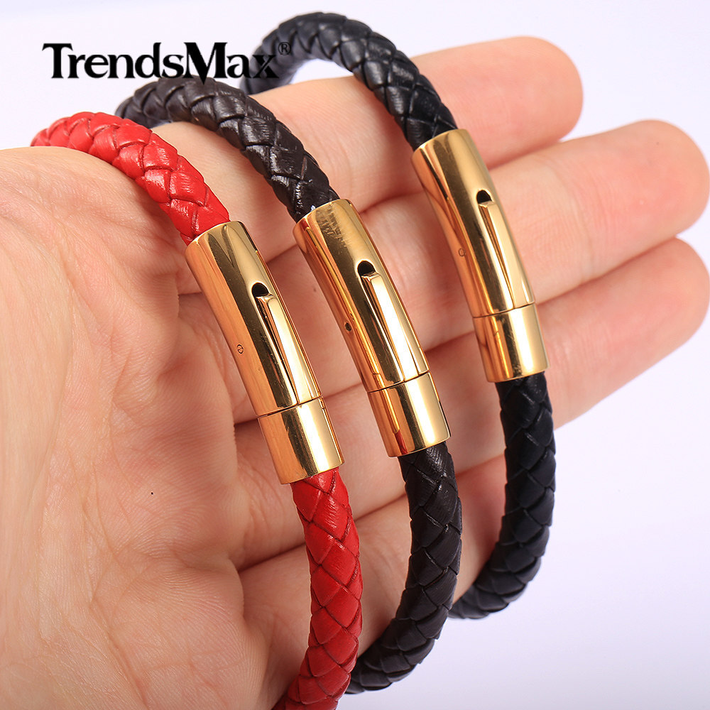4/6mm Red/Brown/Black Braided Leather Rope Bracelet Stainless Steel Gold Clasp
