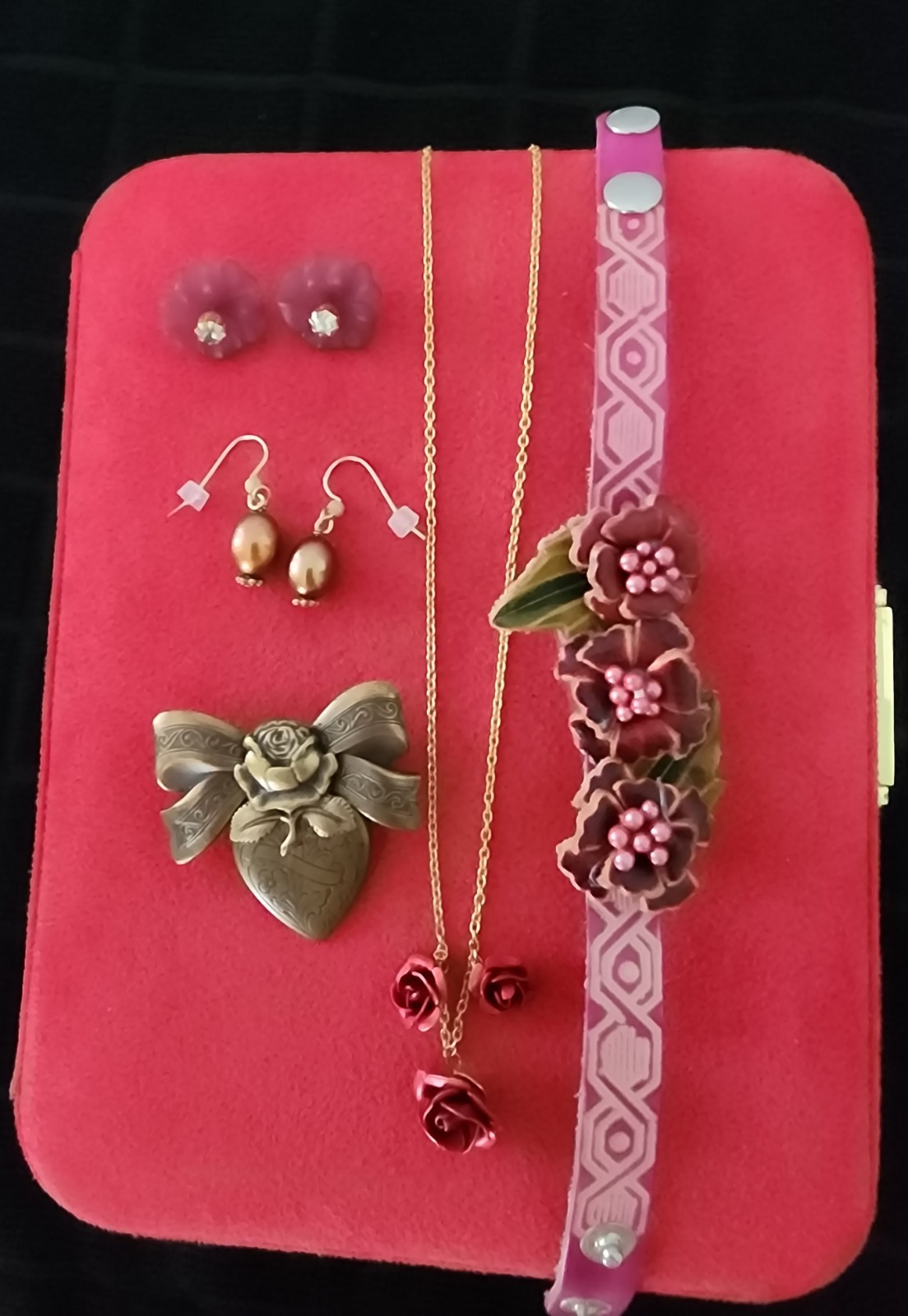 Jewelry Lot 2 Pair Earrings, 1 Broch, 16 In Necklace 8.5 In Leather Bracelet