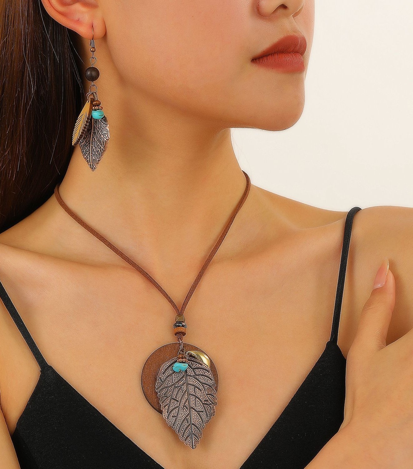 Boho 3D Leaf Alloy & Wood Multi Material Combination Cord Necklace + Earring Set