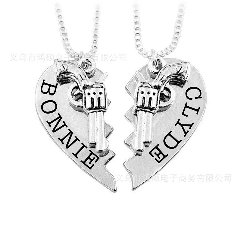 Bonnie And Clyde Love Heart Gun Gold Silver Color Pendant Necklace For Couples
