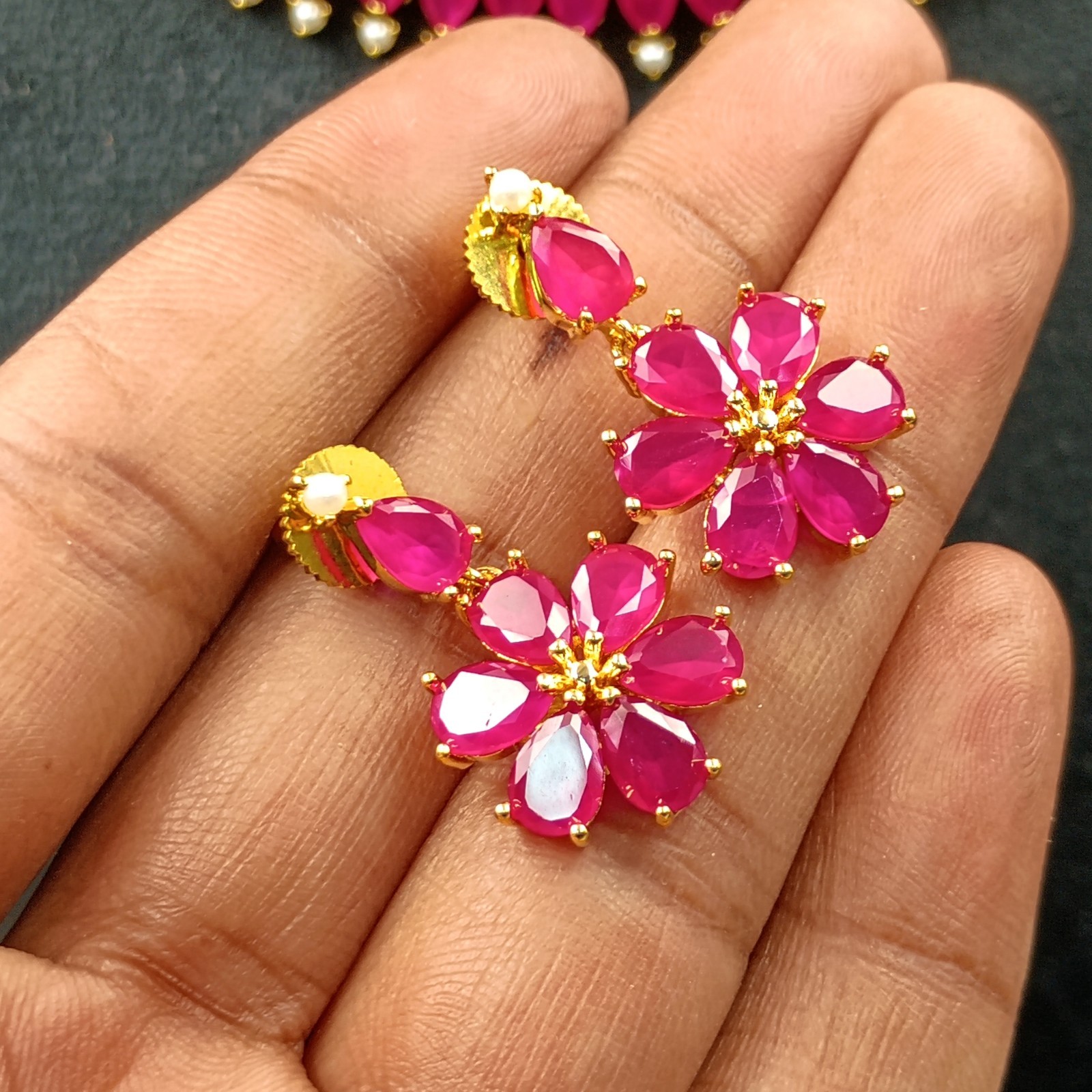 Ruby Pearl Necklace Set 22K Gold Plated Red Gemstone Anniversary Gift her