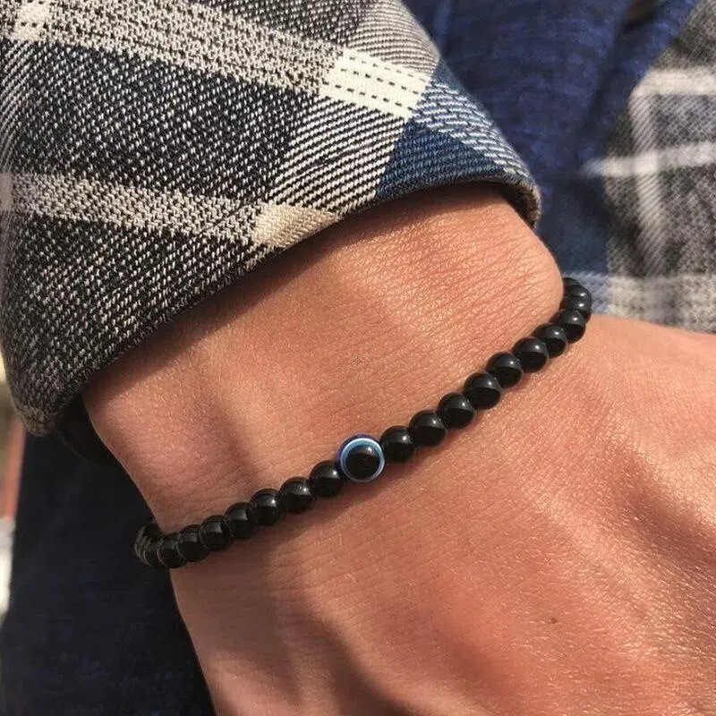 Evil Eye Black Tourmaline Stretch Bracelet 4mm Round Gemstone Beaded Jewelry