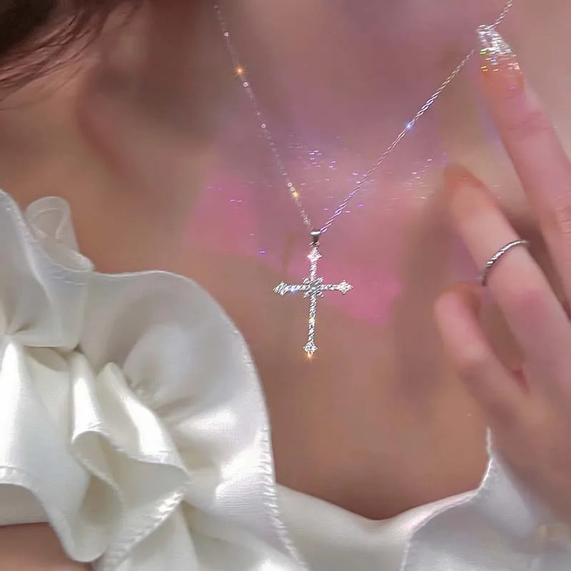 Shiny Crystal Zircon Cross Pendant Necklace for Women Girls Punk Silver Color Th