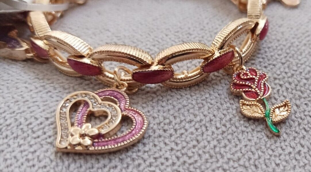 NWT Napier Gold Tone Love & Beauty Charm Stretch Bracelet Heart Rose Lipstick ++