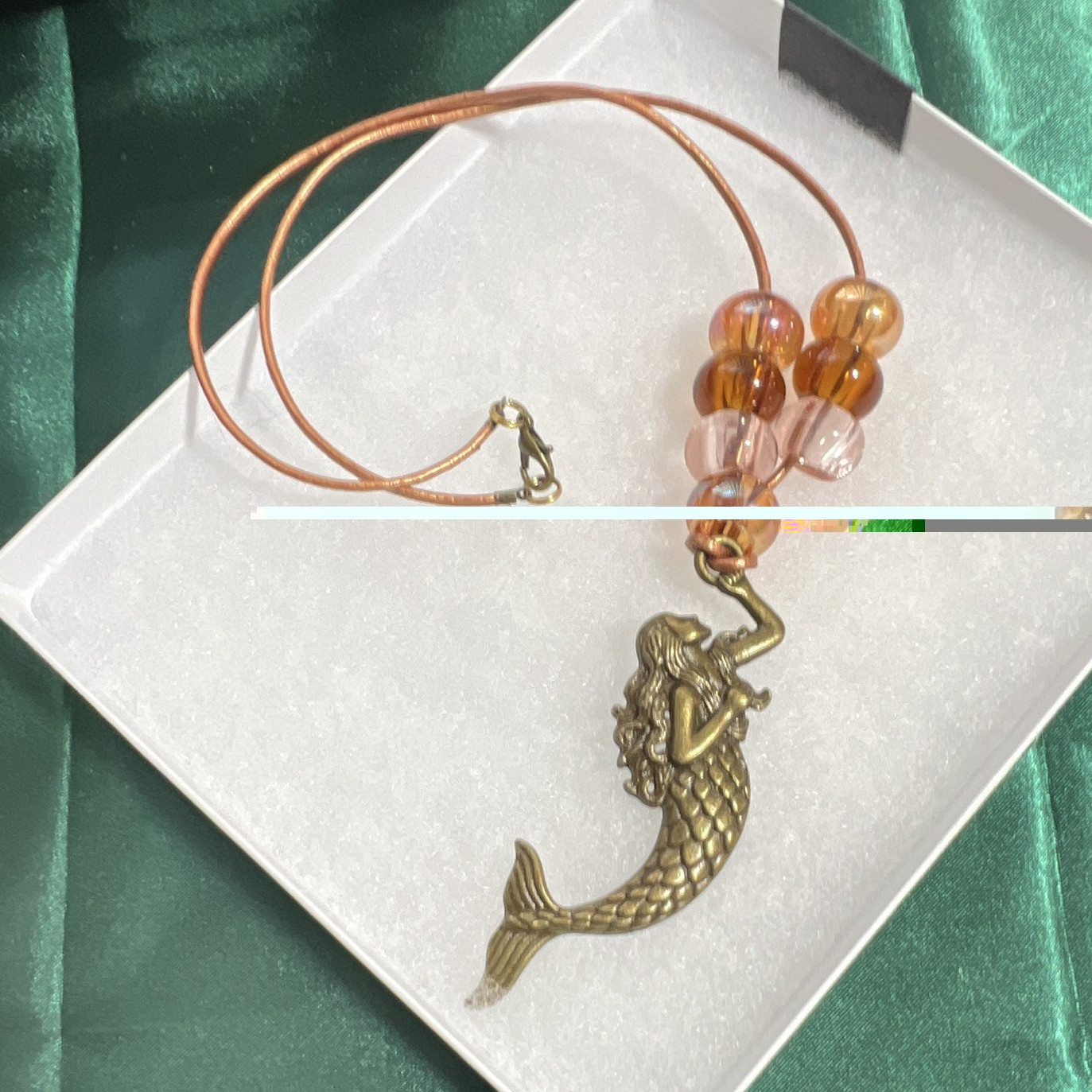 Mermaid Charm Pendant Beaded Cord Necklace Gold Pink Metal Glass Lobster Clasp