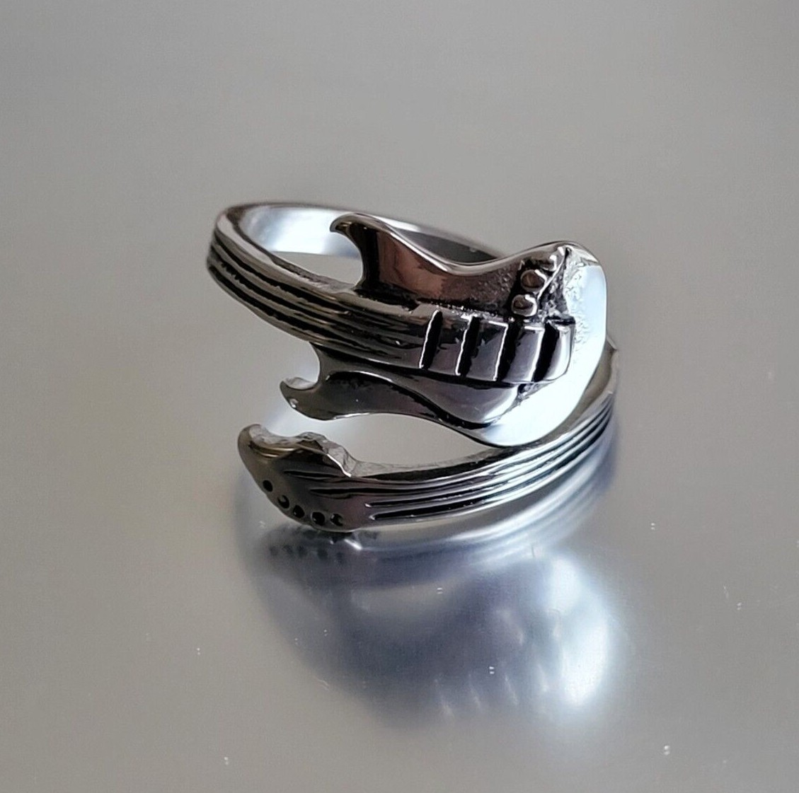 Stainless Steel Guitar Spoon Ring – Musician Adjustable Boho Band
