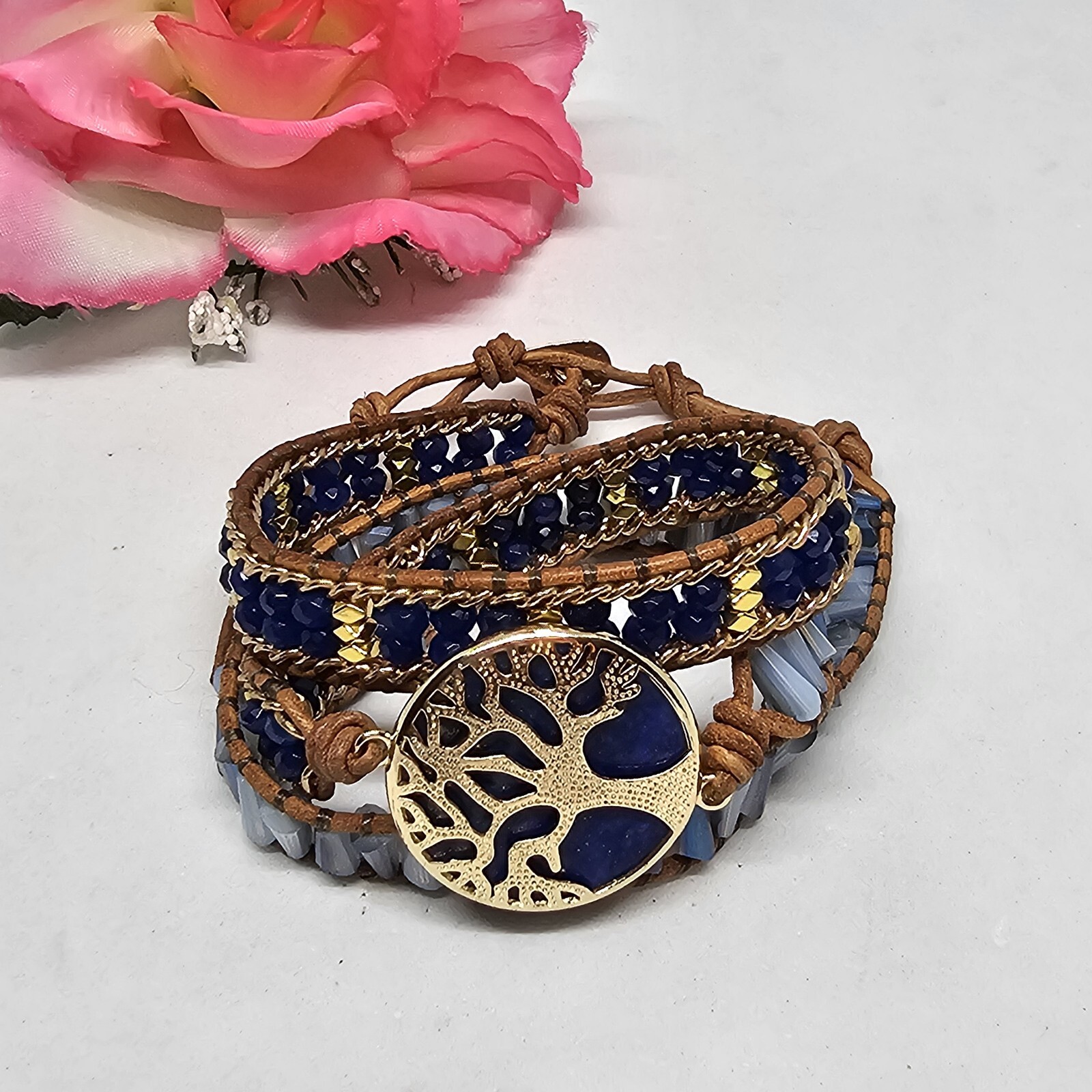 Blue Lapis Lazuli Tree of Life Bracelet Gold Crystal Braded Wrap Leather Boho