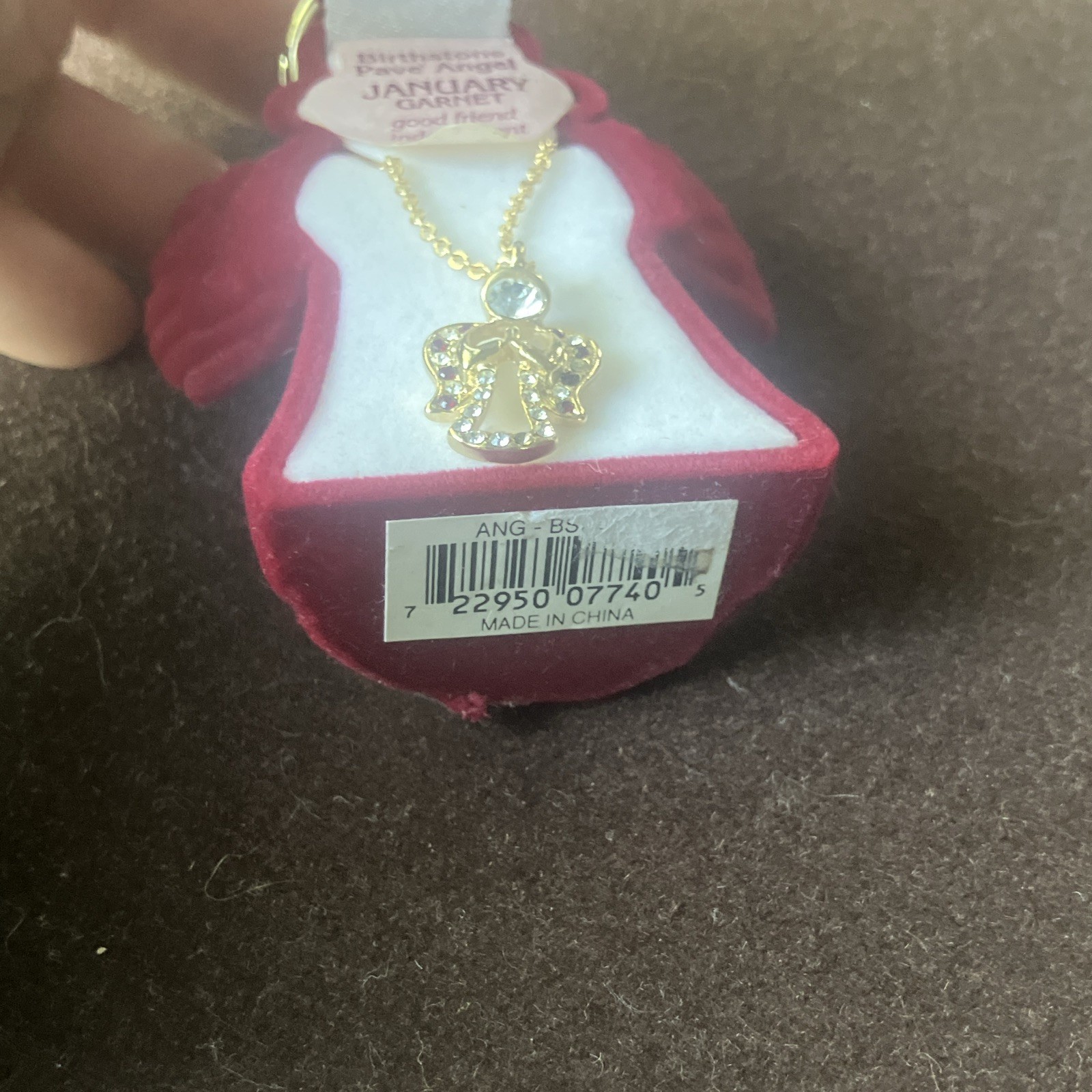 Gold Tone Pavé Angel Charm Pendant Necklace Clear Crystal Garnet Red Cable