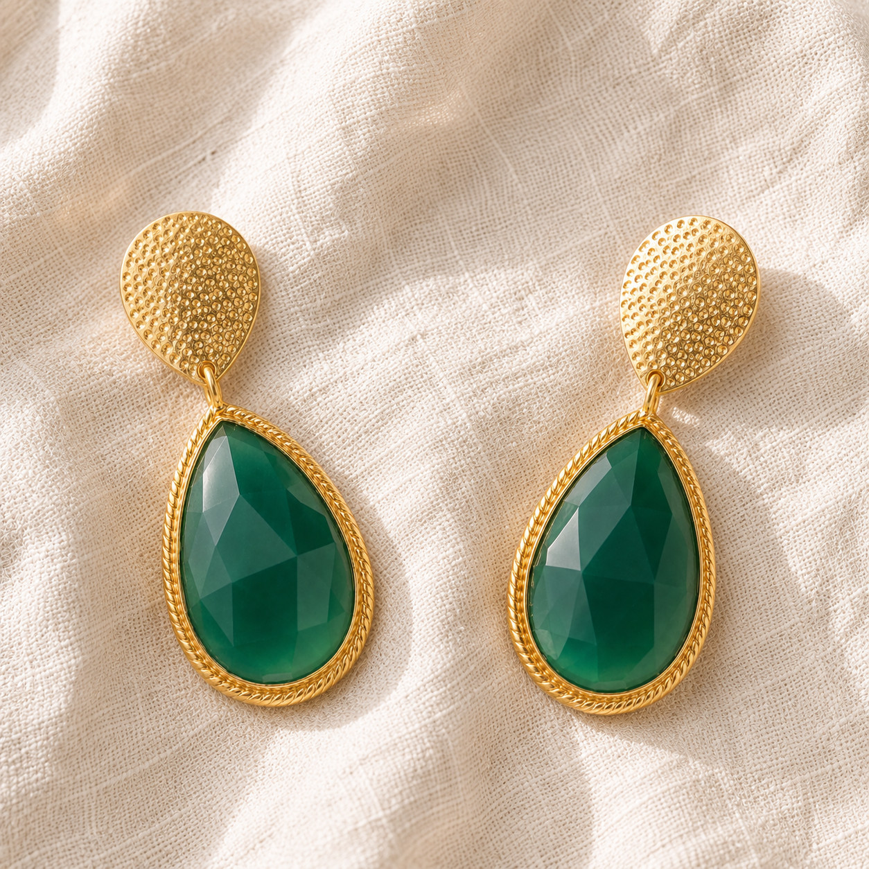 Green Onyx Dangle Drop Gold Plated Brass Earrings, Women Jewelry Gift ER-1