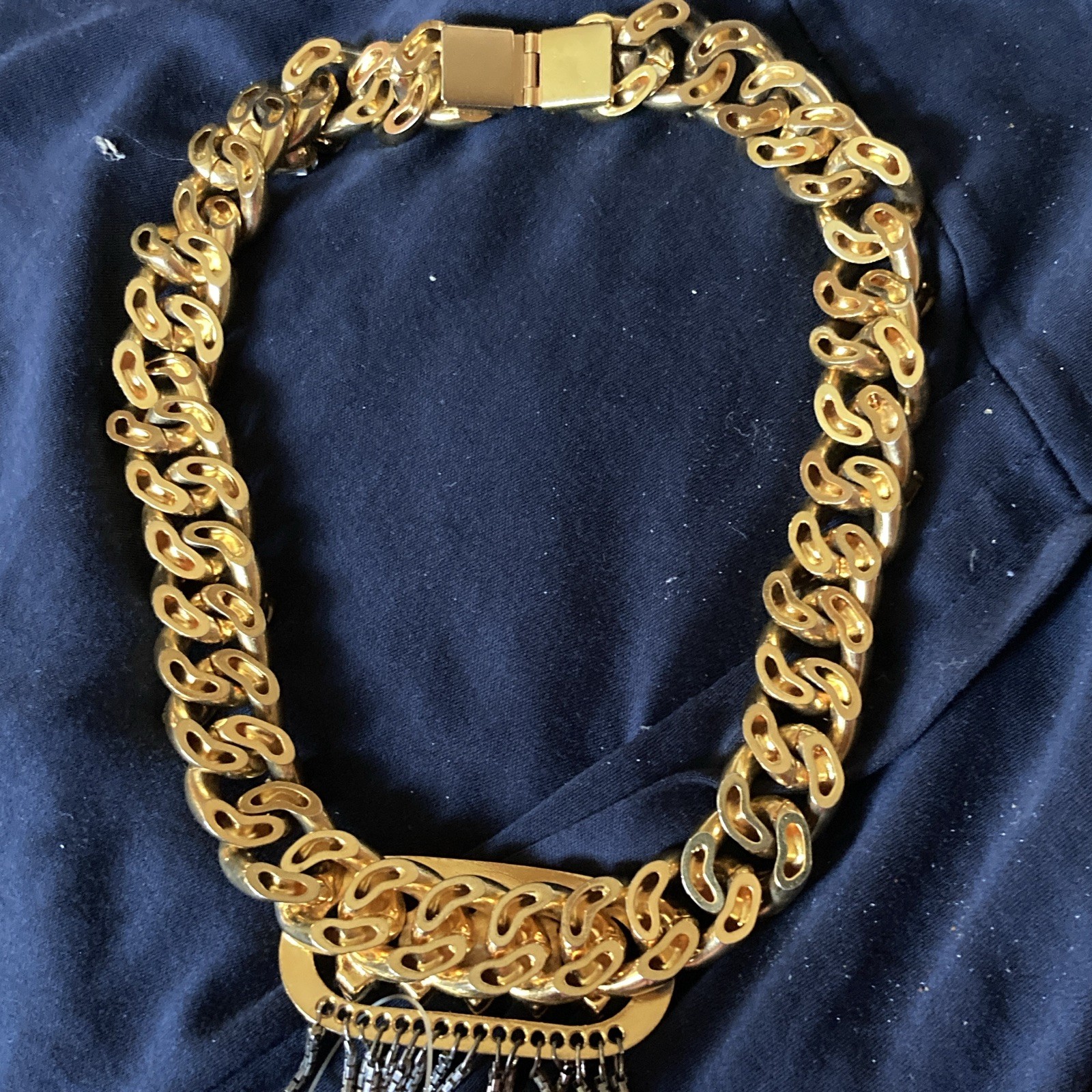 Gold Tone Multicolor Marquise Crystal Tassel Fringe Statement Link Necklace