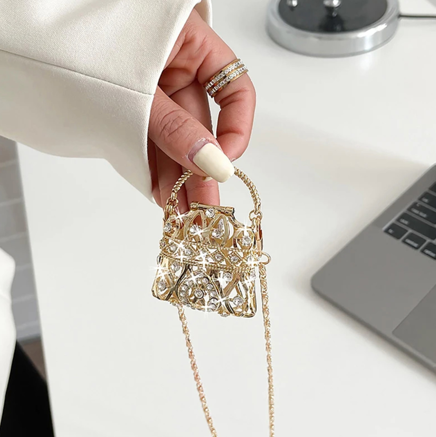 Mini Crystal Purse Pendant Necklace Gold Tone Long Chain Crossbody Handbag Charm