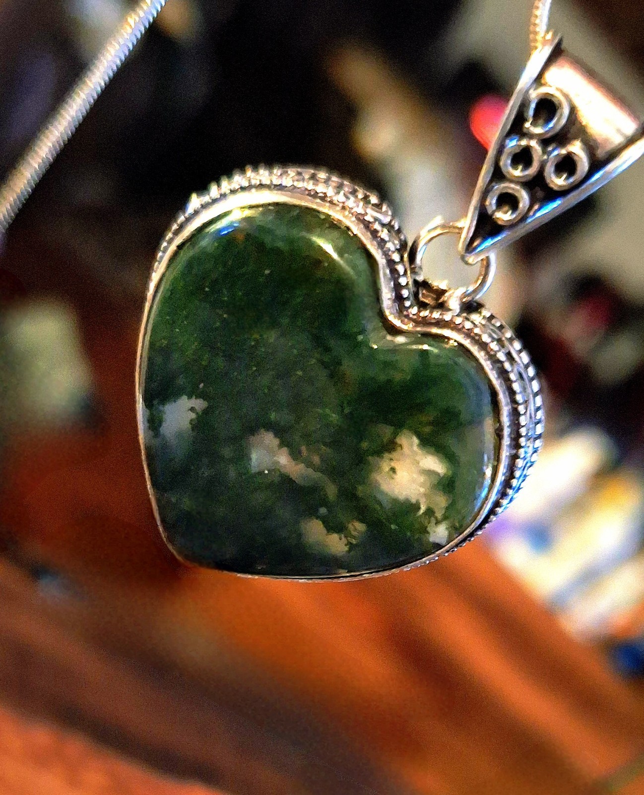 Green Moss Agate Heart Pendant On Silver Chain
