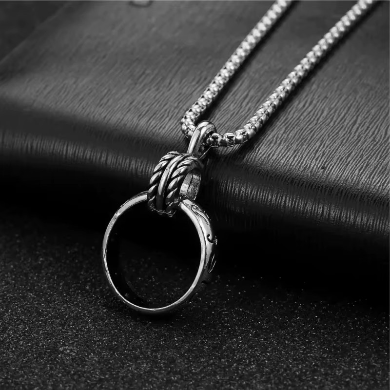 Double Ring Pendant Necklace Stainless Steel Carved Circle Street Retro Jewelry