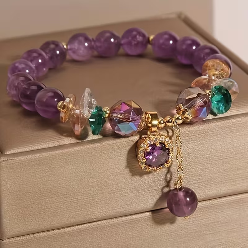 Elegant Purple Beaded Bracelet with Sparkling Crysal Stretchable about 7-8 inch