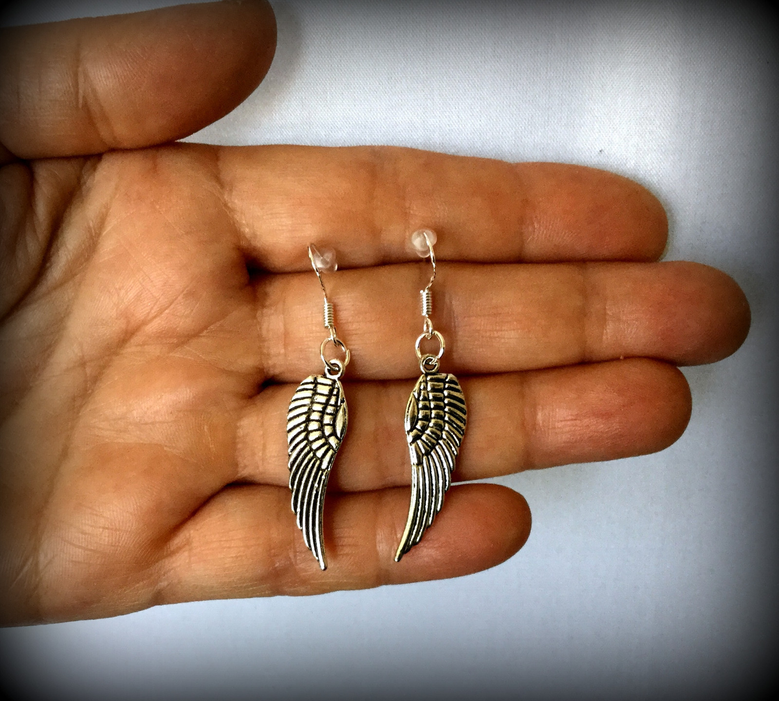 SILVER ANGEL WINGS DANGLE FEATHER CHARM EARRINGS~CHRISTMAS EASTER GIFT FOR HER