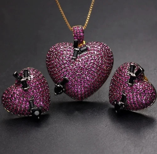 18K Gold Plated Lab Pink Sapphire Heart Pendant Necklace Earrings Valentine Gift