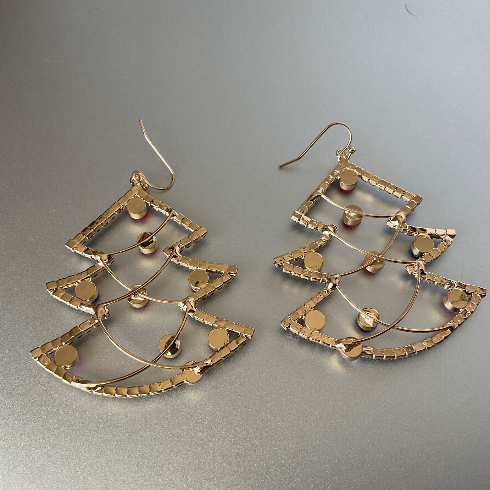 Rhinestone Christmas Tree Dangle Earrings Gold Tone Bijoux Bar 2.5” Drop