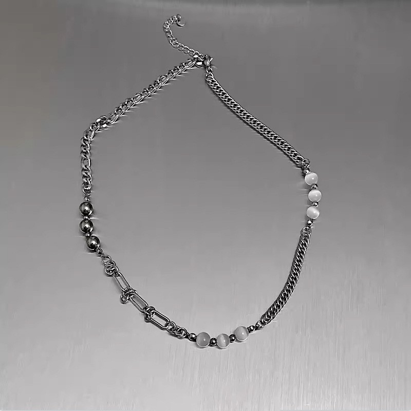 Silver Titanium Steel Alloy Spliced Chain Necklace Stone Beads Minimalist Street