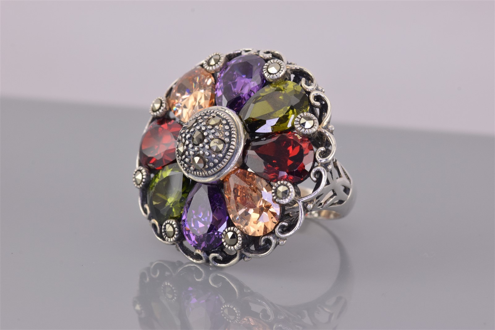 Sterling Silver 30mm Colorful Pear Cut Flower Statement Band Ring 14g 925 Sz: 9