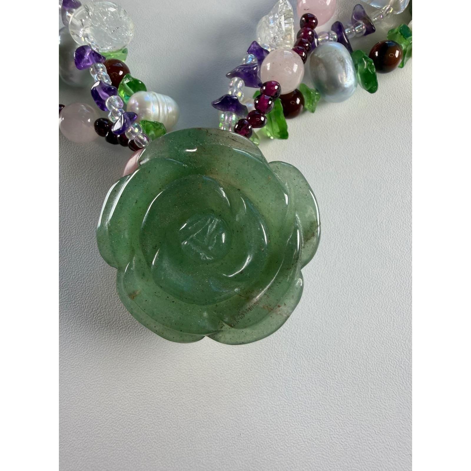 Green Aventurine Carved Rose Gemstone Pearl Multi-Strand Statement Necklace Boho