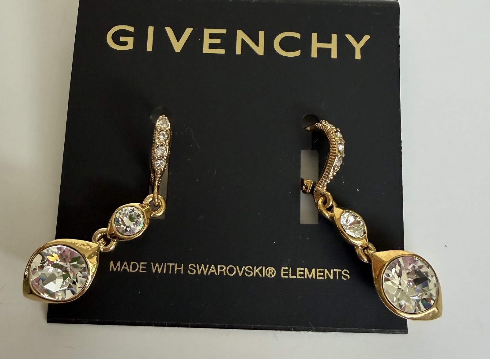 Givenchy Gold Tone Swarovski Crystal Double Drop Teardrop Leverback Earrings