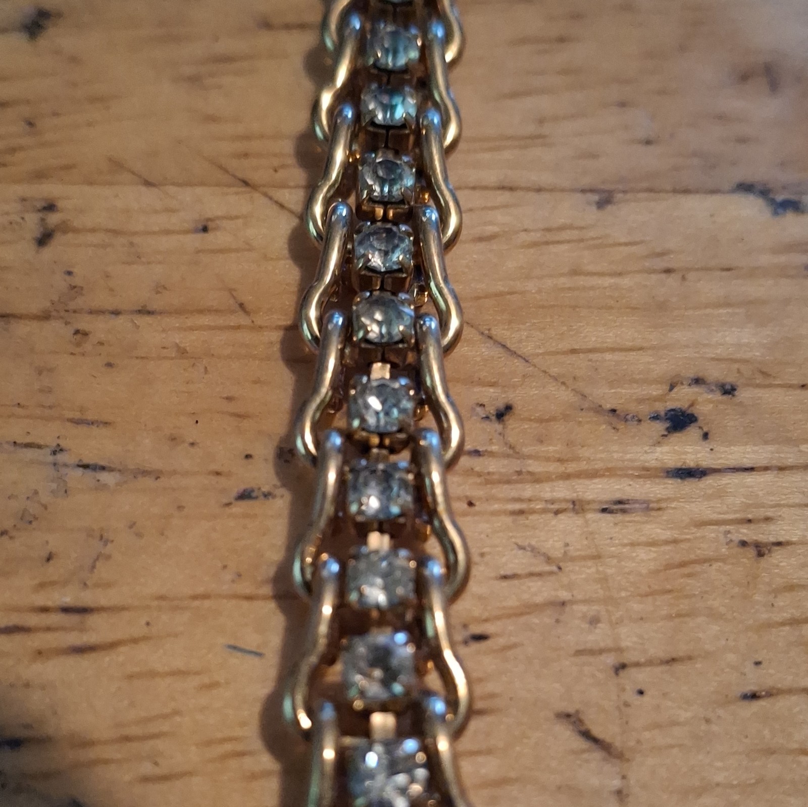Gold Tone Crystal Rhinestone Tennis Link Bracelet Round White Stones Box Clasp