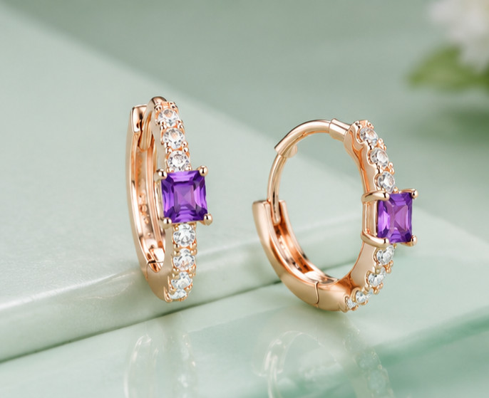 3Ct Princess Simulated Amethyst Engagement Hoop Earrings 14K Yellow Gold Plated