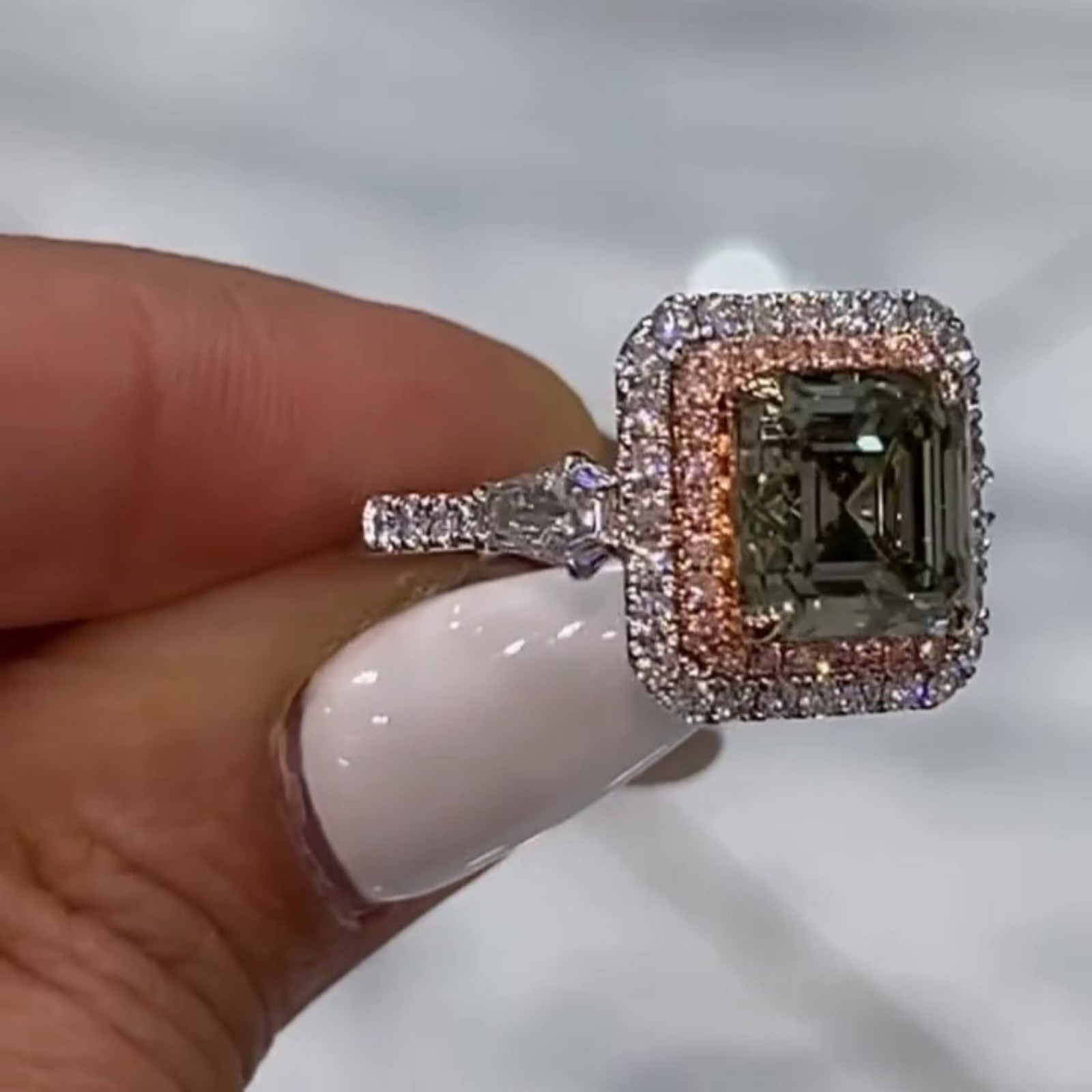 2CT Asscher Cut Cubic Zirconia Double Halo side Baguette Hidden Halo Wedding Her