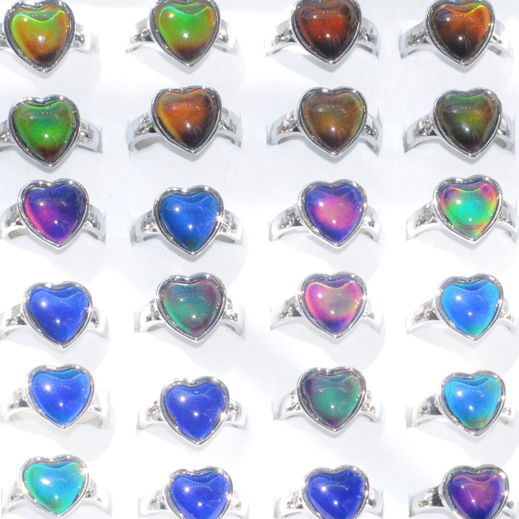 Wholesale 30 Heart Mood Rings Mix Women Silver Plated Change Color Finger Charms